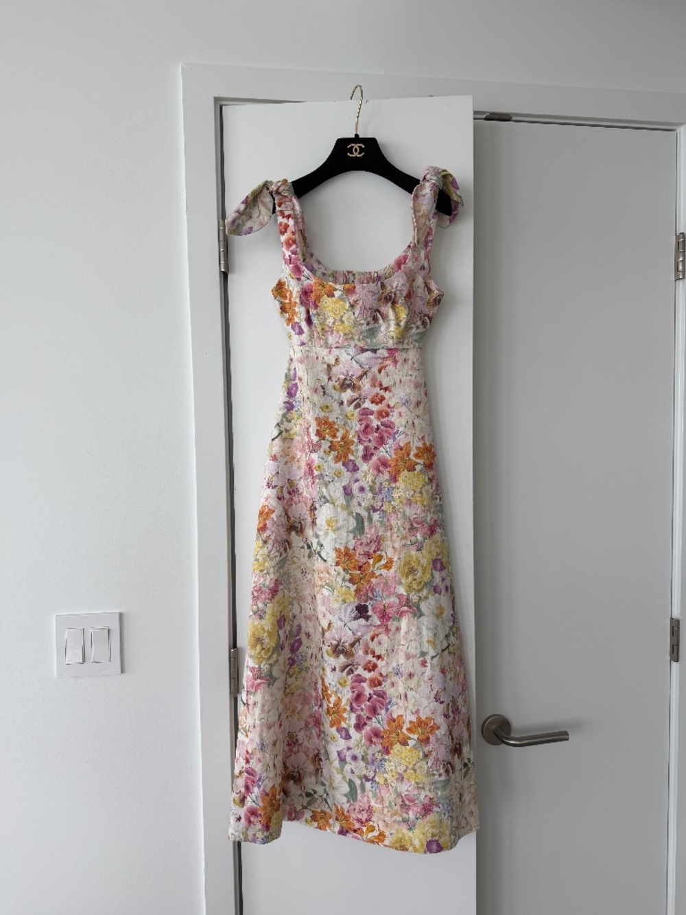 Zimmermann Floral Midi Dress in White with Pink, Yellow & Orange Bouquet